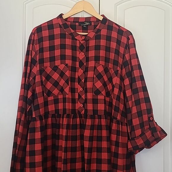 Suzanne Betro Plus Buffalo Plaid Red Bkack Babydoll Dress Long Sleeve Size 2X - Picture 2 of 13
